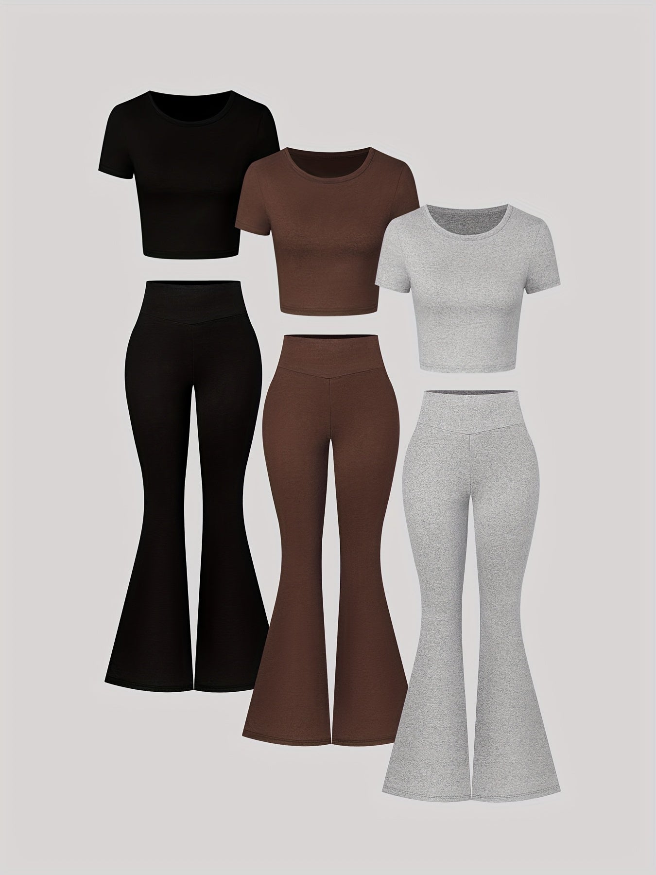 6-Pack Women's Casual Slim-Fit T-Shirt & Flare Pants Set – Short Sleeve Round Neck Top & Stretchy Solid Color Homewear for Spring/Summer